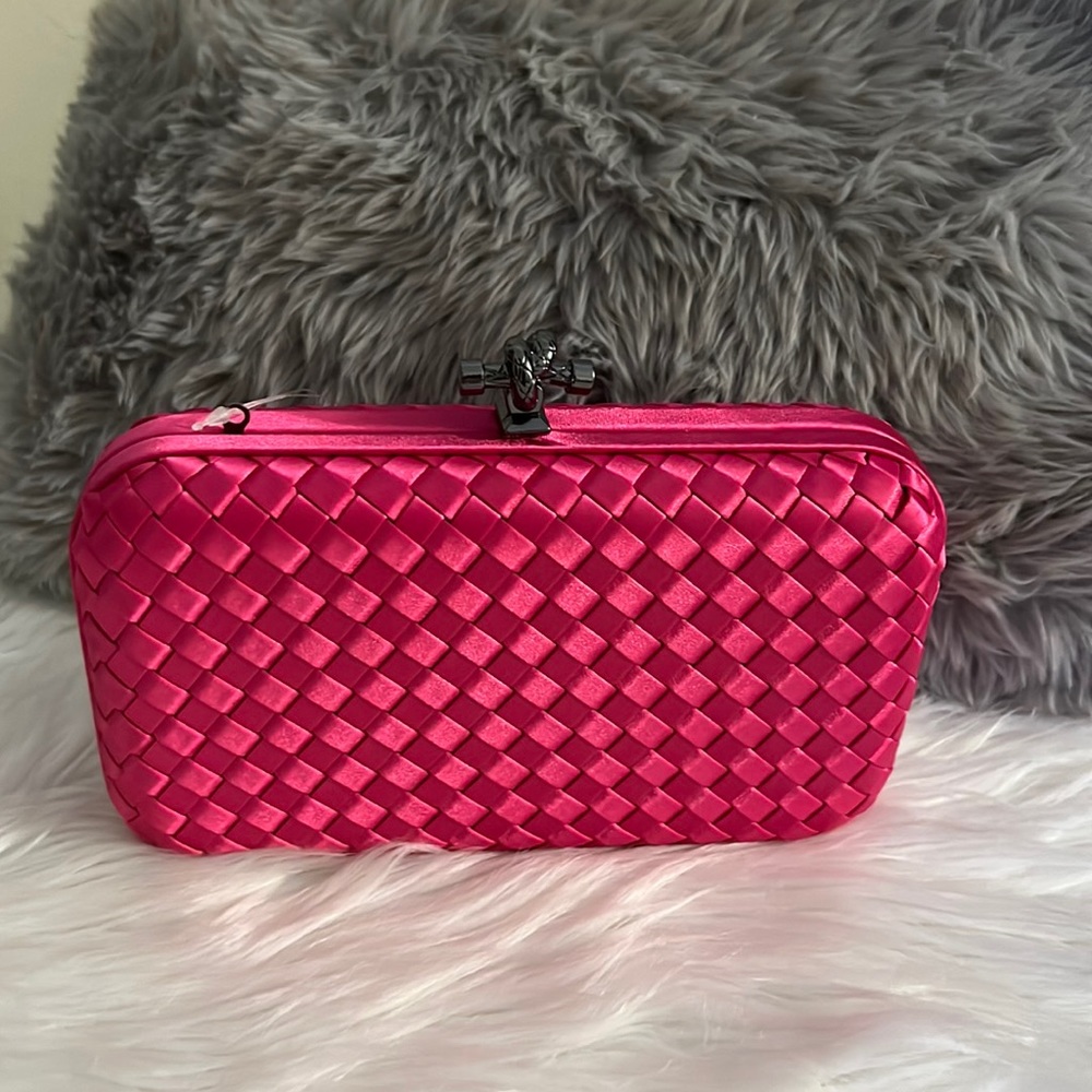 Woven Satin Clutch in Hot Pink with Knot Clasp